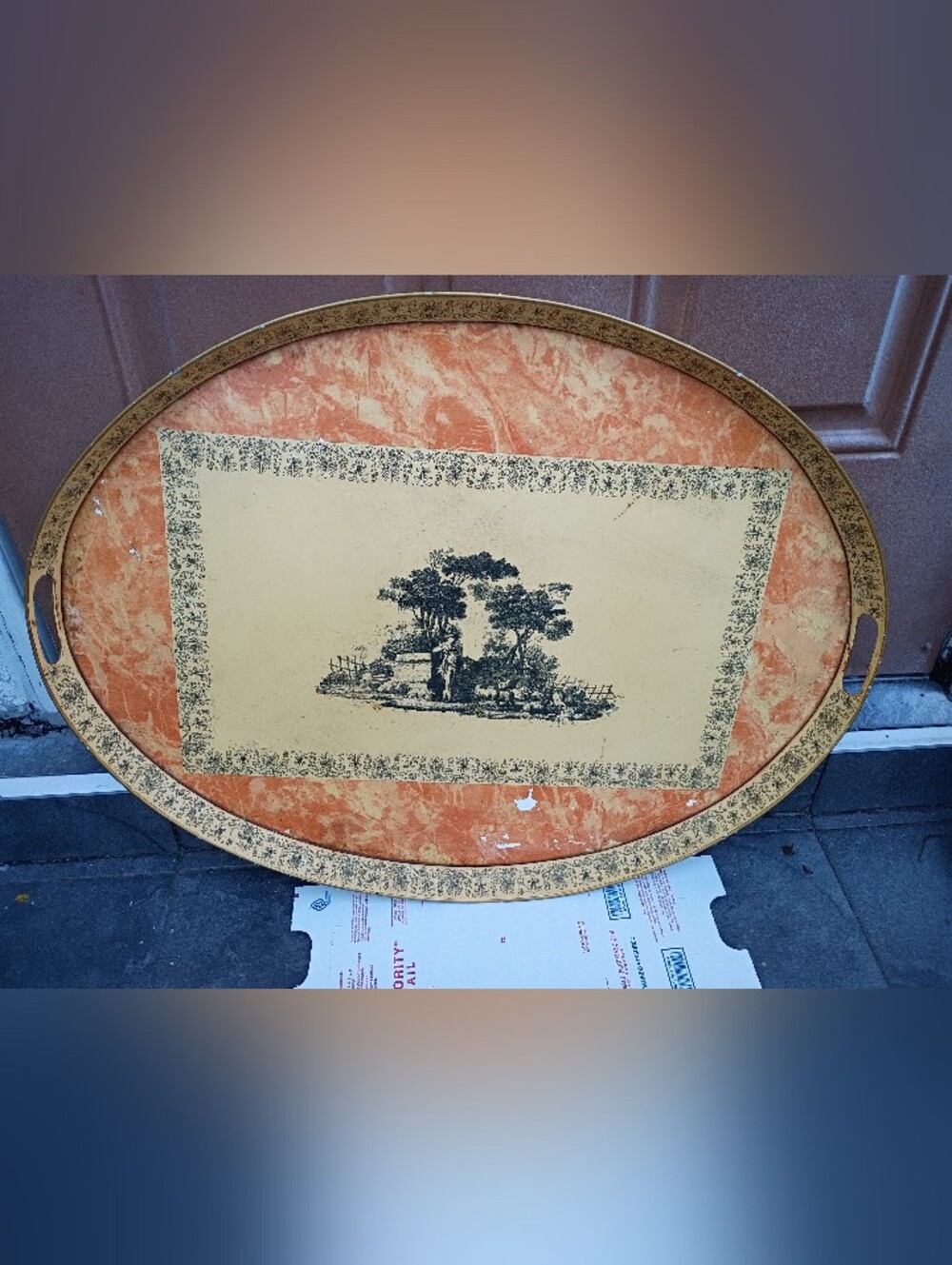 Antique Italian Toleware Oval Serving Tray  Orange and Cream French Painting 🖌️